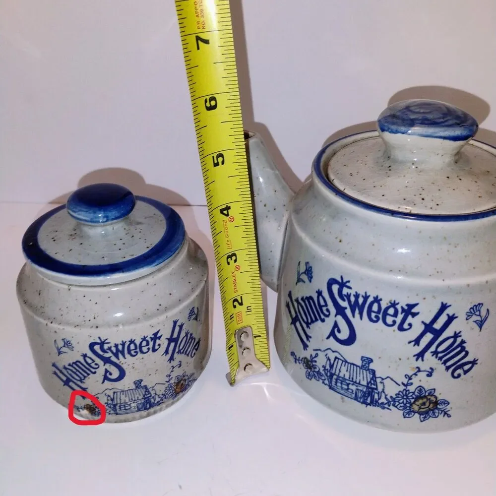 Vtg Home Sweet Home Teapot Sugar Bowl Set Stoneware Blue White Made in Japan
